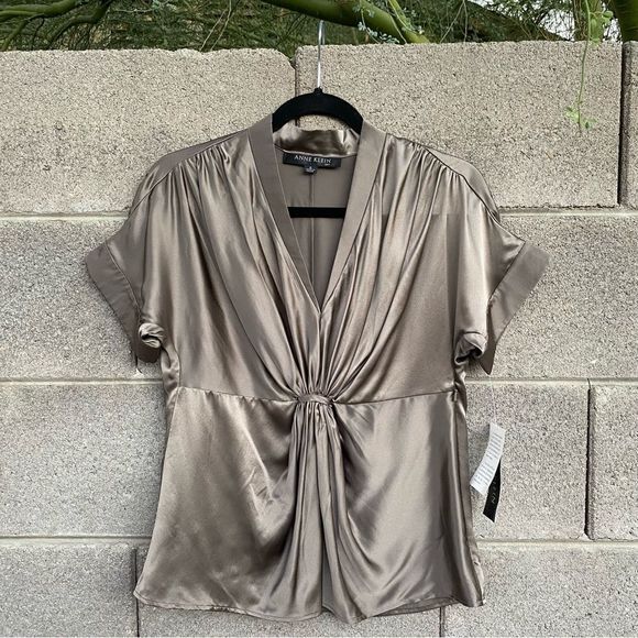 Anne Klein Silk Fitted Taupe Blouse/Top-Side Zip-Empire Waist Sz 6 - Picture 13 of 13